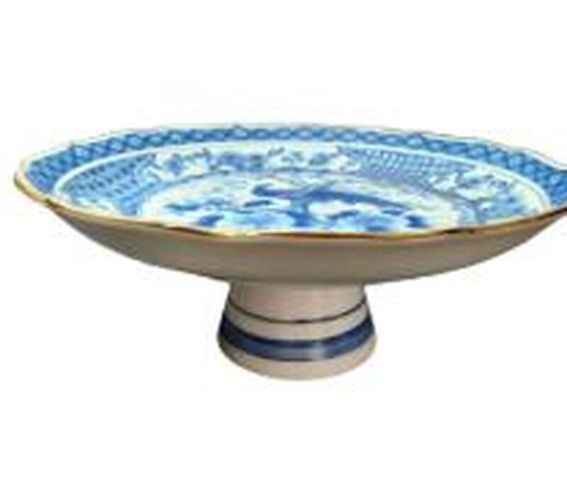 Plato pedestal azul y blanco 15 pulgadas - producto de cerámica al mayoreo
