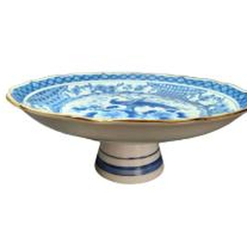 Plato pedestal azul y blanco 15 pulgadas - producto de cerámica al mayoreo